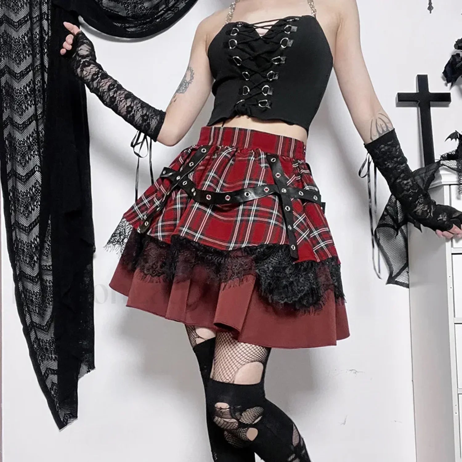 Y2k Pleated Lace Sweet Kawaii Harajuku Lolita Mini Gothic Cake Plaid Girls Skirt