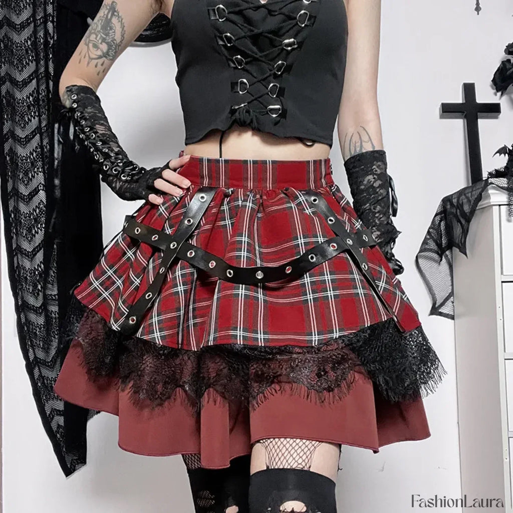 Y2k Pleated Lace Sweet Kawaii Harajuku Lolita Mini Gothic Cake Plaid Girls Skirt