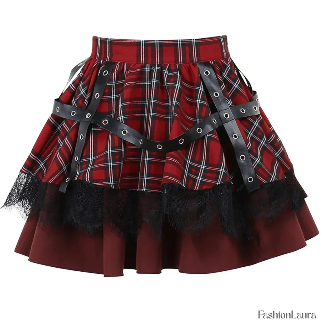 Y2k Pleated Lace Sweet Kawaii Harajuku Lolita Mini Gothic Cake Plaid Girls Skirt RED / S