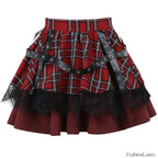 Y2k Pleated Lace Sweet Kawaii Harajuku Lolita Mini Gothic Cake Plaid Girls Skirt RED / S