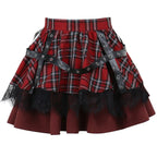 Y2k Pleated Lace Sweet Kawaii Harajuku Lolita Mini Gothic Cake Plaid Girls Skirt RED / S