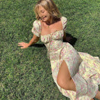 Y2K Retro Bodycon Floral Print Puff Sleeve Dress High Split Floral Dress