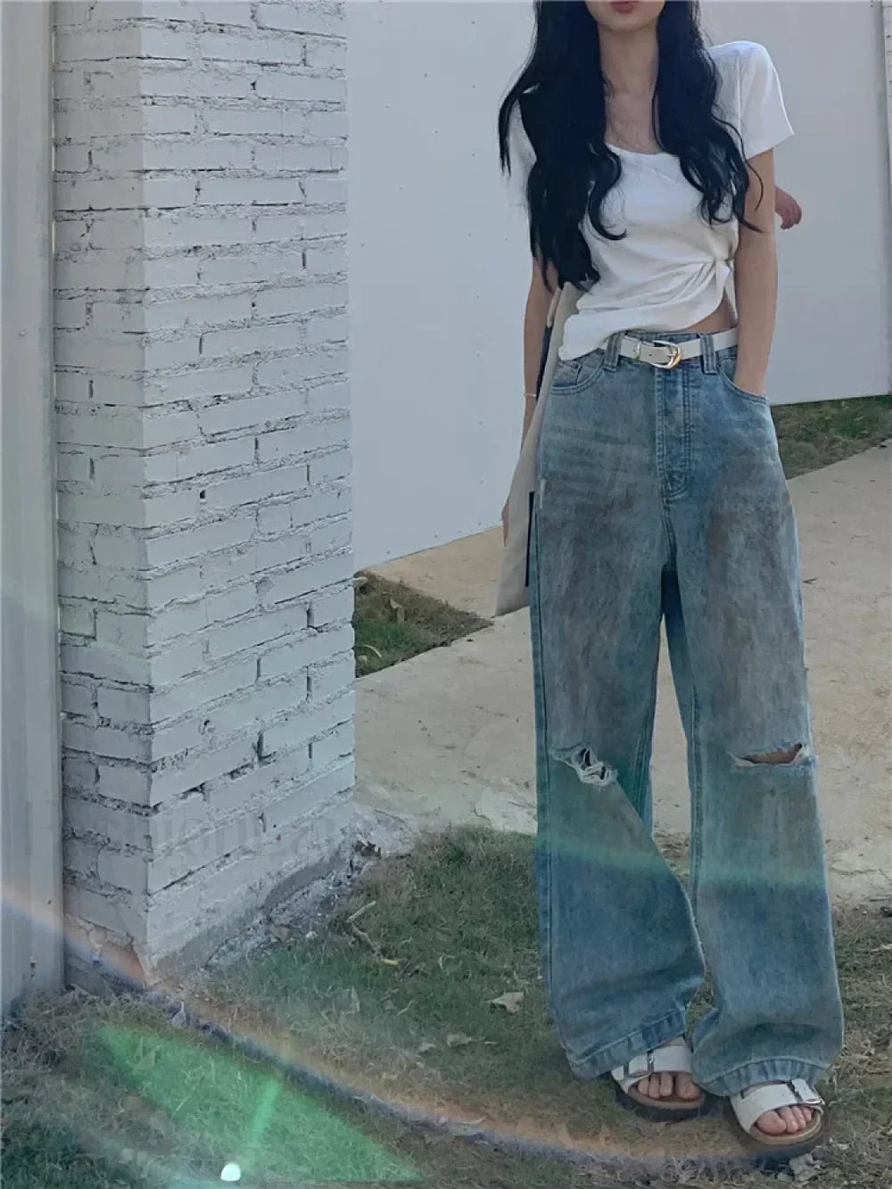 Y2K Retro Ripped Straight Leg High Waist Jeans