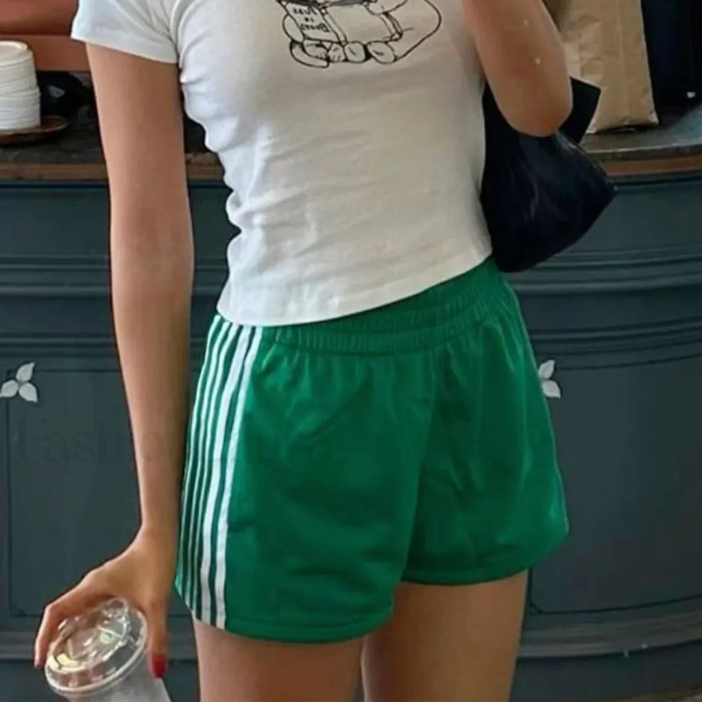 Y2K Stripes Elastic Waist Casual Loose Lounge Sleep Short Green / S