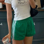 Y2K Stripes Elastic Waist Casual Loose Lounge Sleep Short Green / S