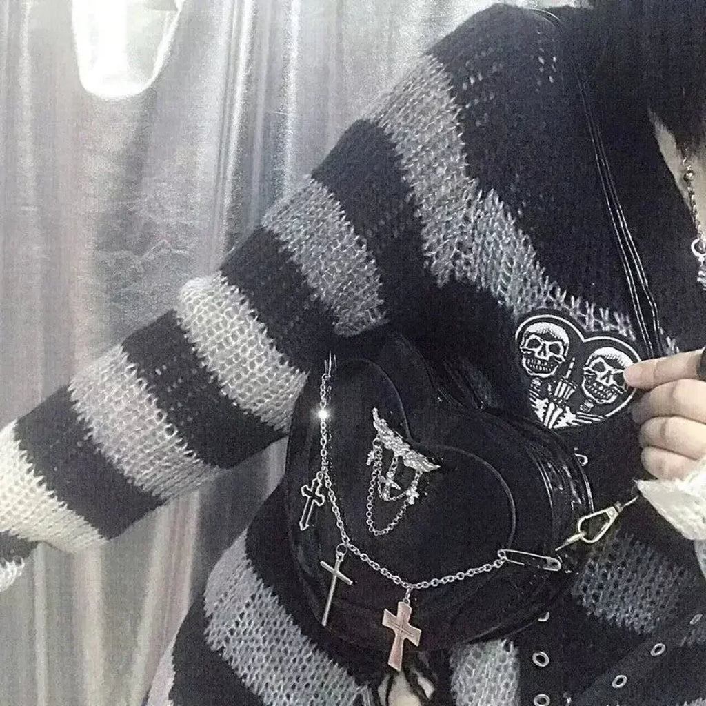 Y2K Subculture Women Cross Heart Shaped Punk Gothic Shoulder Bag Black / 18x17x5cm