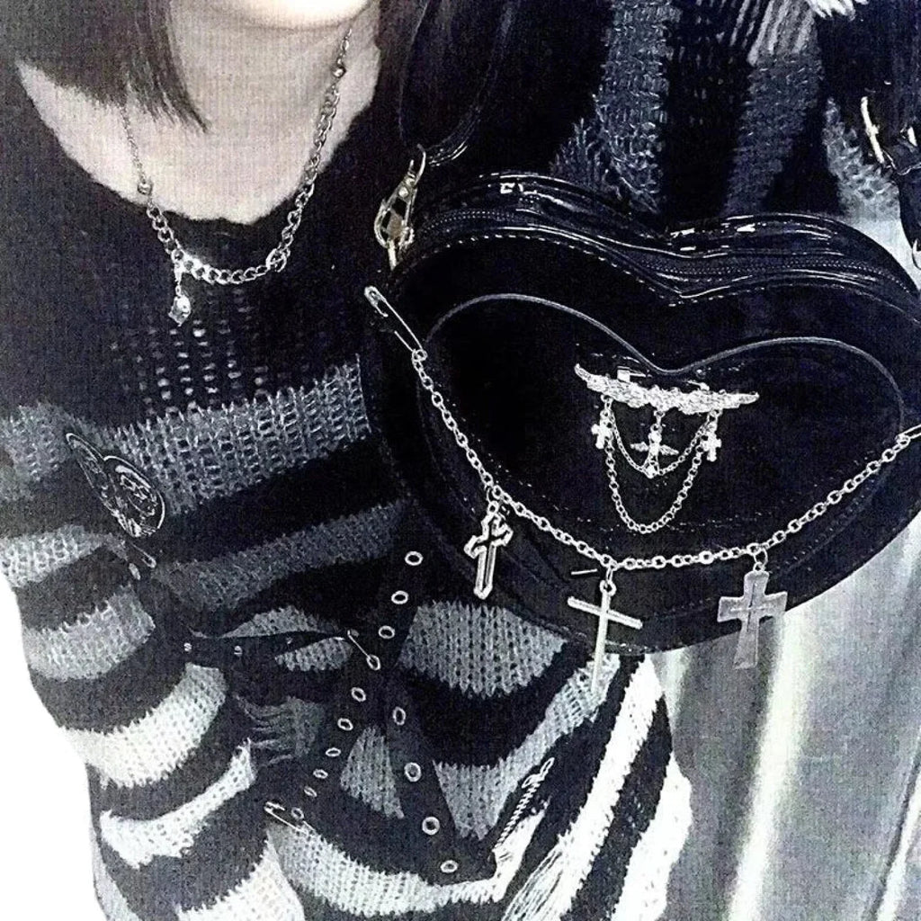 Y2K Subculture Women Cross Heart Shaped Punk Gothic Shoulder Bag Black / 18x17x5cm