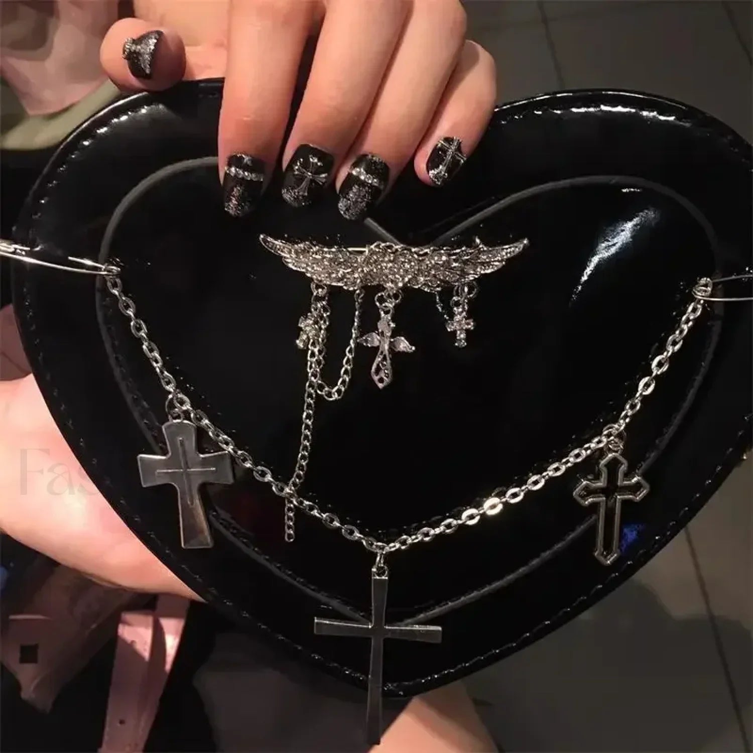 Y2K Subculture Women Cross Heart Shaped Punk Gothic Shoulder Bag Black / 18x17x5cm