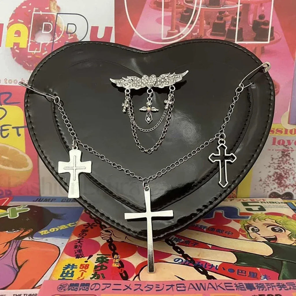 Y2K Subculture Women Cross Heart Shaped Punk Gothic Shoulder Bag Black / 18x17x5cm