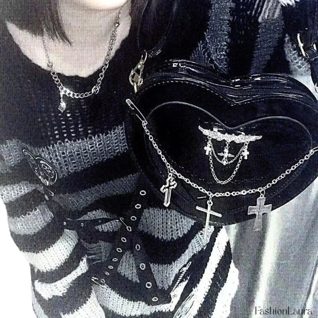 Y2K Subculture Women Cross Heart Shaped Punk Gothic Shoulder Bag Black / 18x17x5cm