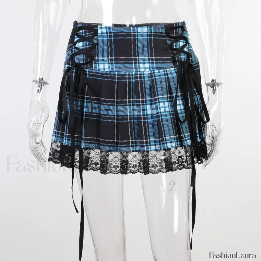 Y2K Vintage Lace Harajuku High Waist Bandage Skirt Blue / S