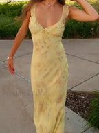Yellow Camisole Floral Dress Slim Fit Fairycore Floral Dress