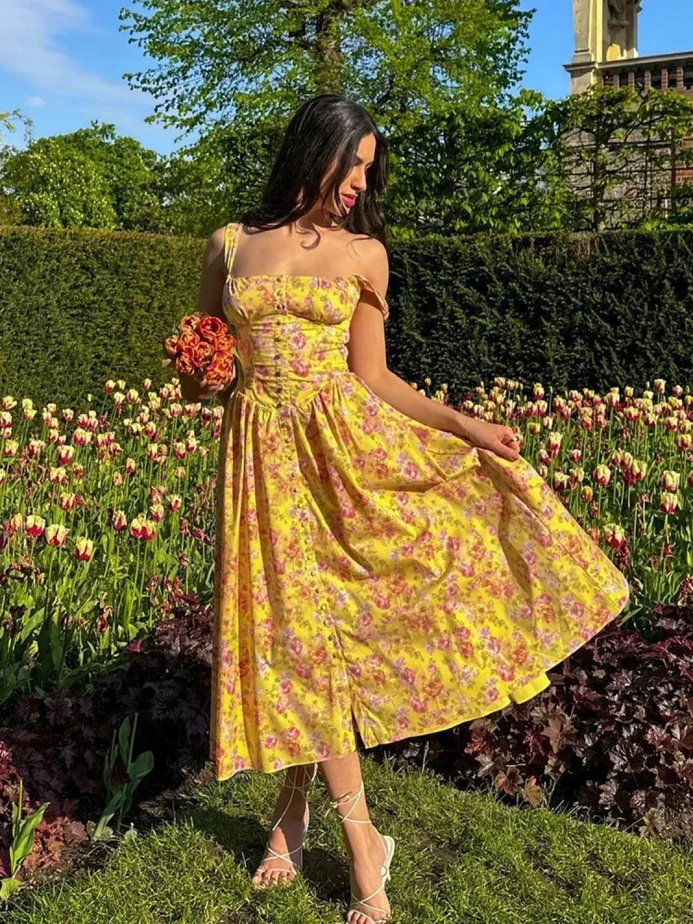 Yellow Lace Up Pocket Floral Dress