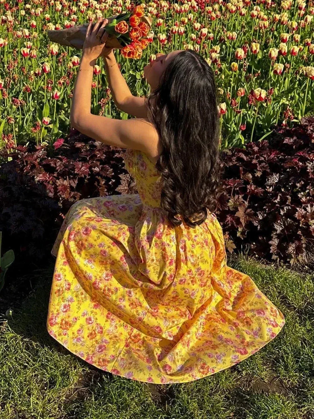 Yellow Lace Up Pocket Floral Dress