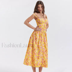 Yellow Lace Up Pocket Floral Dress