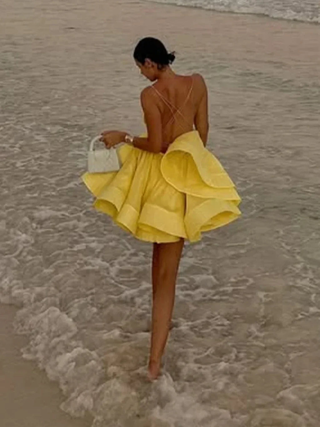 Yellow Pleated Lace Up Mini Dress