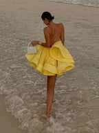 Yellow Pleated Lace Up Mini Dress