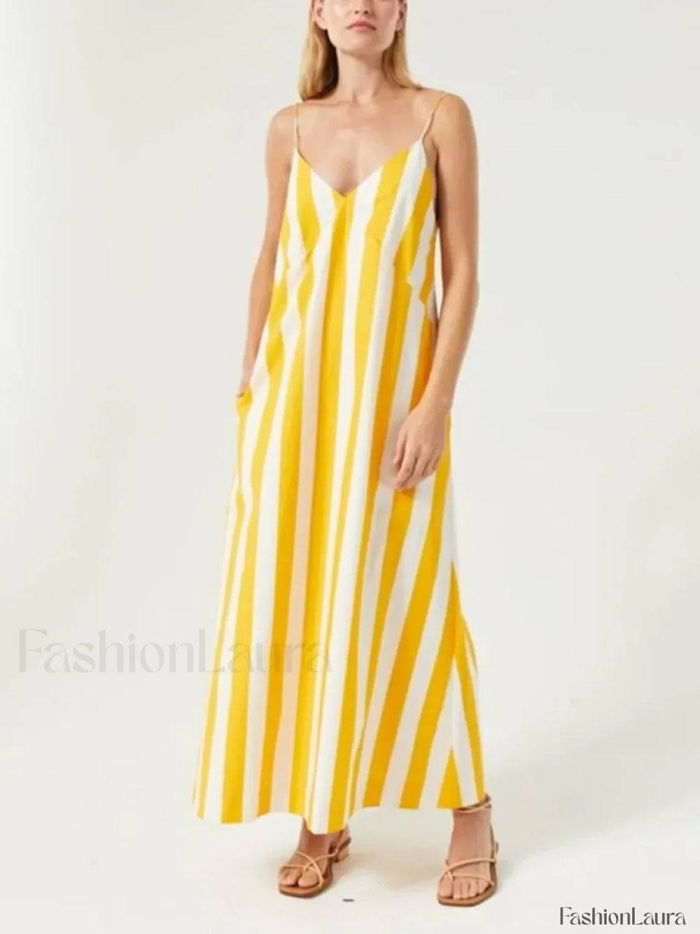 Yellow Striped Pocket Maxi Dress
