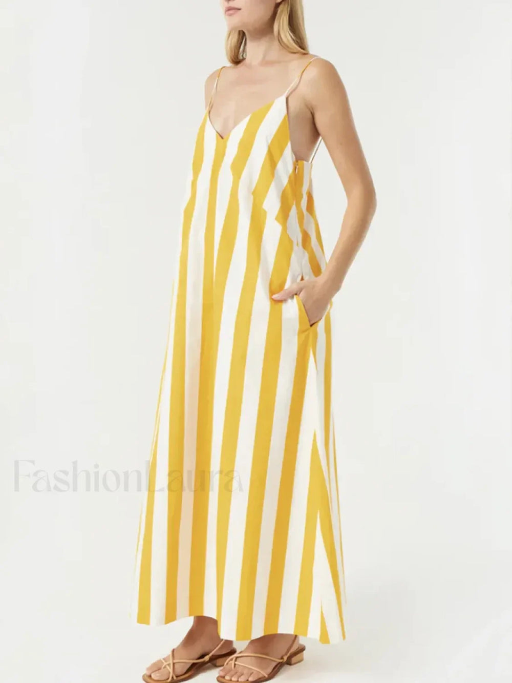Yellow Striped Pocket Maxi Dress