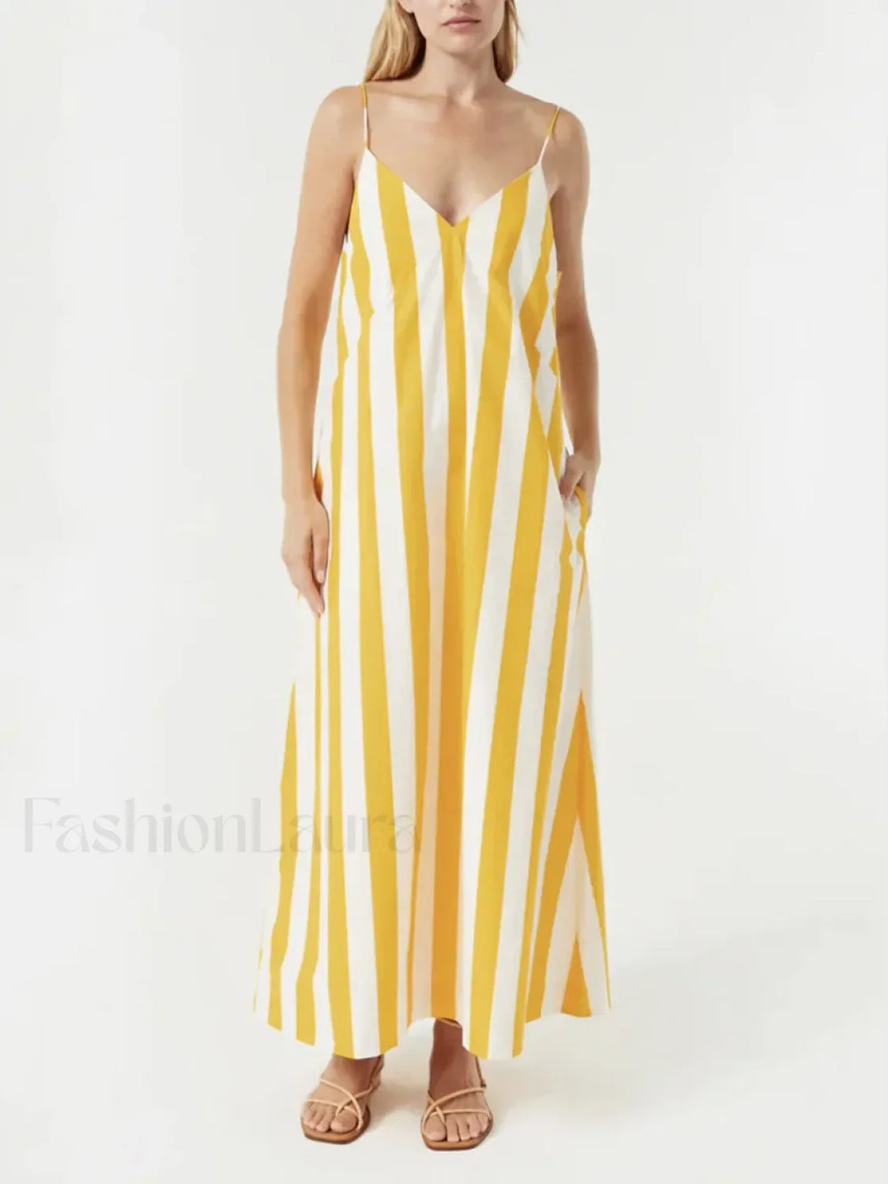 Yellow Striped Pocket Maxi Dress Yellow / S