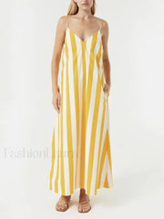 Yellow Striped Pocket Maxi Dress Yellow / S