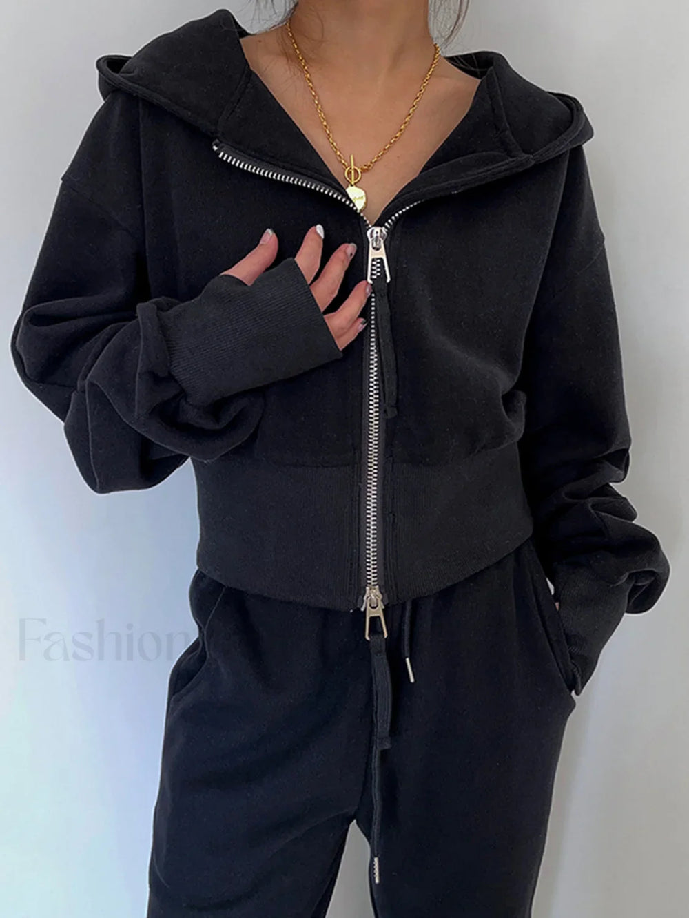 Zip Up Graceful Crop Hoodie Black / S Sweatshirts & Hoodies L