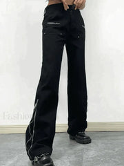Zipper Design Black Ankle Flare Cargo Jeans Jeans