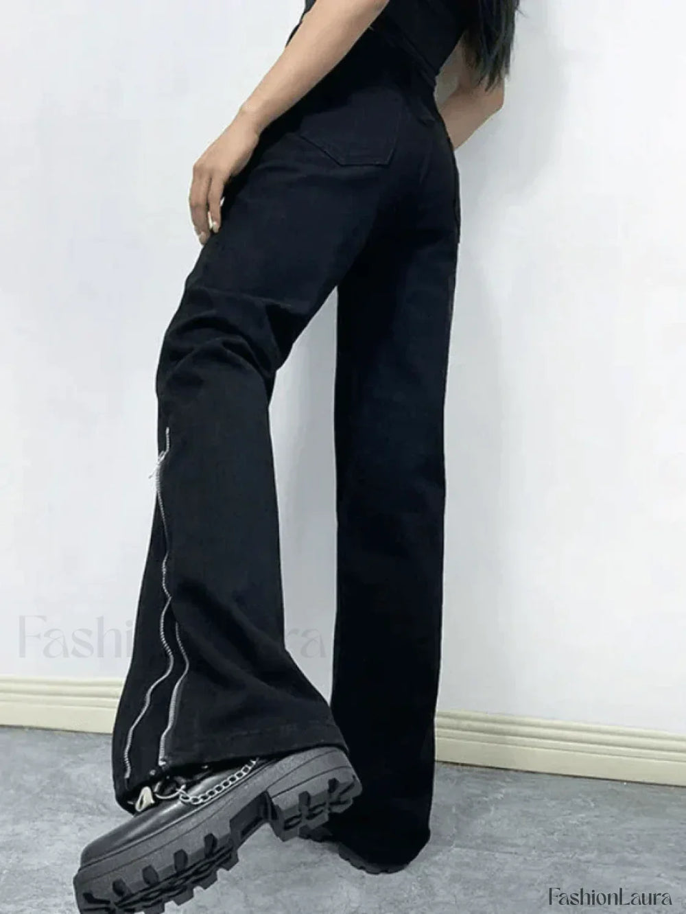 Zipper Design Black Ankle Flare Cargo Jeans Jeans