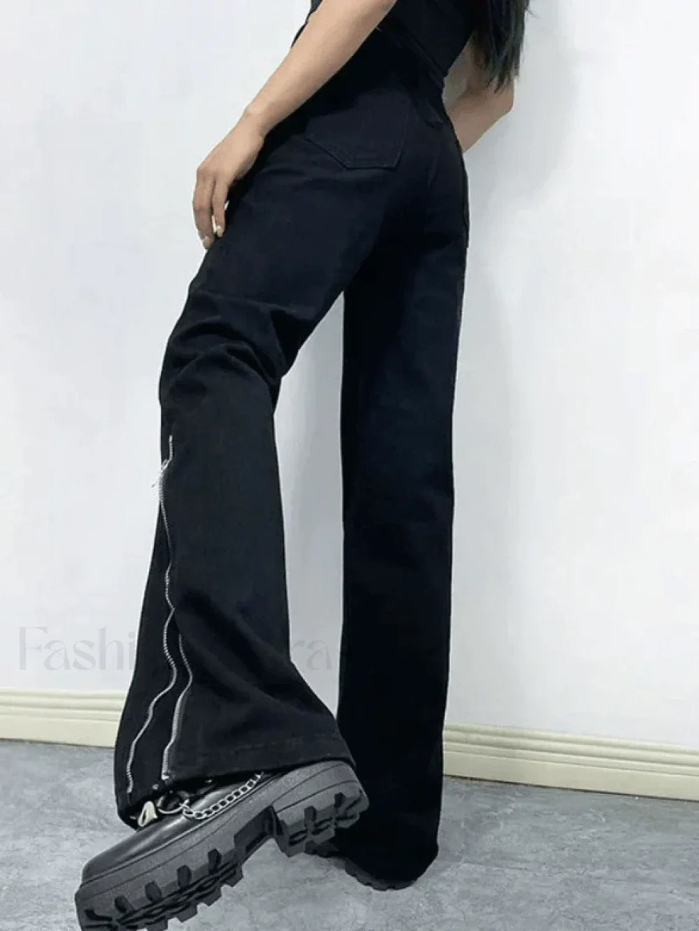 Zipper Design Black Ankle Flare Cargo Jeans Jeans