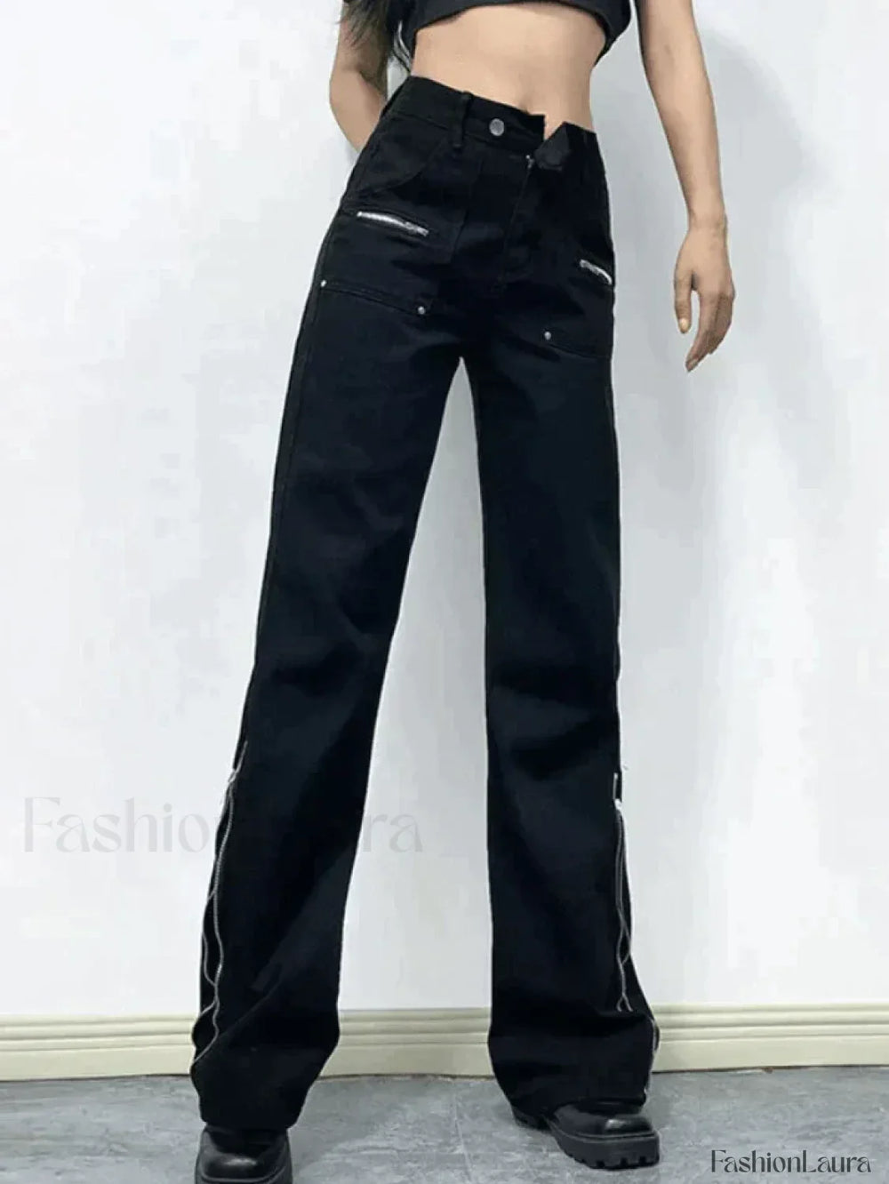 Zipper Design Black Ankle Flare Cargo Jeans Black / S Jeans