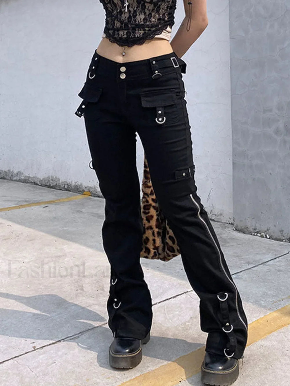 Zipper Design Low Waist Flare Cargo Jeans Black / S Cargo Jeans