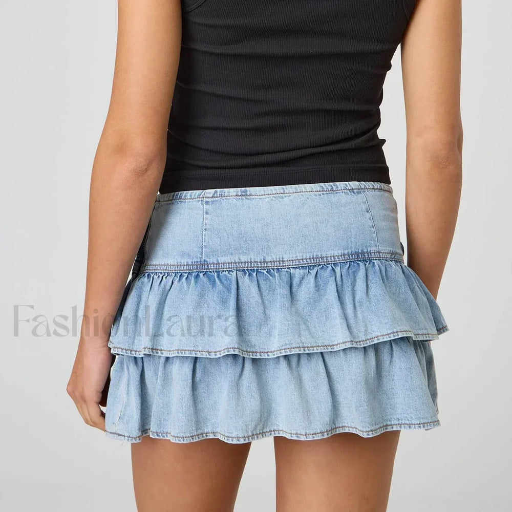Zipper Ruffle Denim Skirt