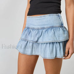 Zipper Ruffle Denim Skirt