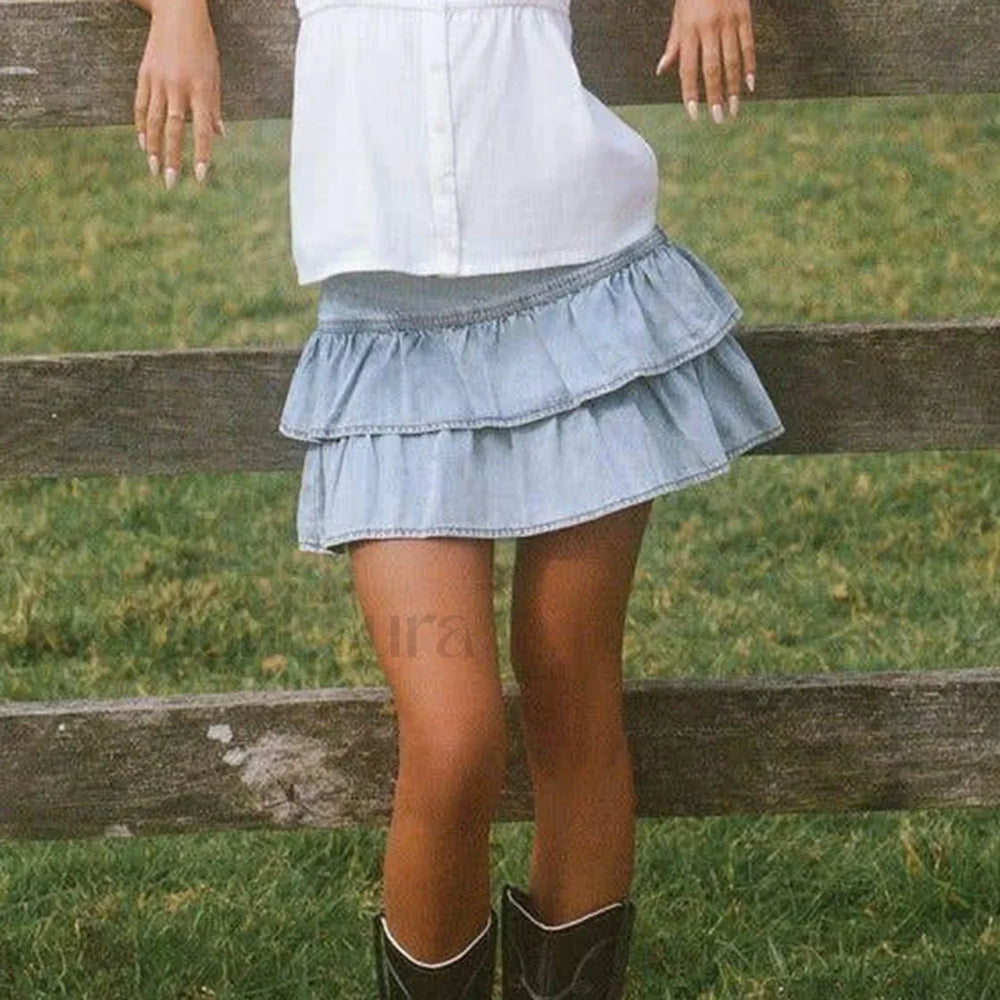 Zipper Ruffle Denim Skirt