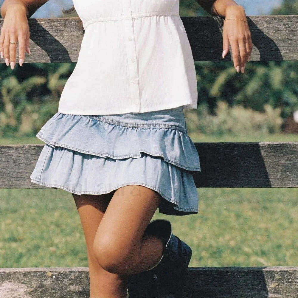 Zipper Ruffle Denim Skirt Blue / S