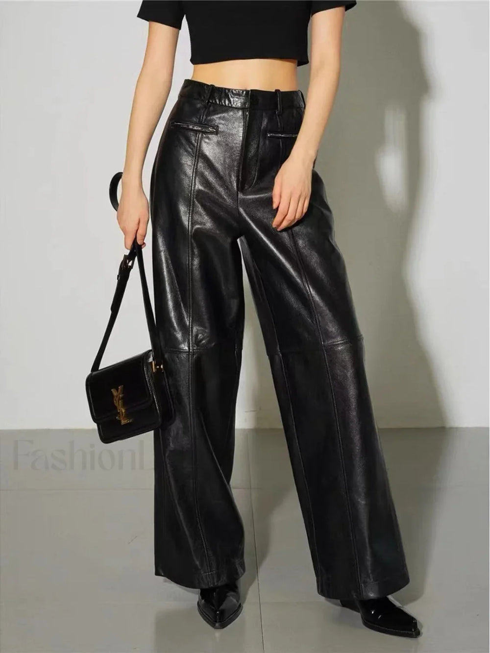 Zippered Faux Leather Trendy Straight Leg Mid waist Pants Pants