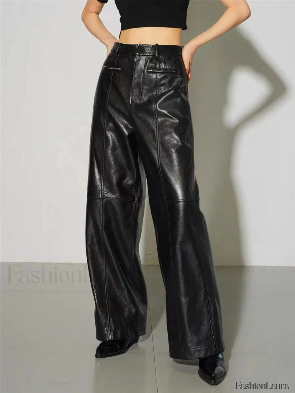 Zippered Faux Leather Trendy Straight Leg Mid waist Pants Black / XS Pants